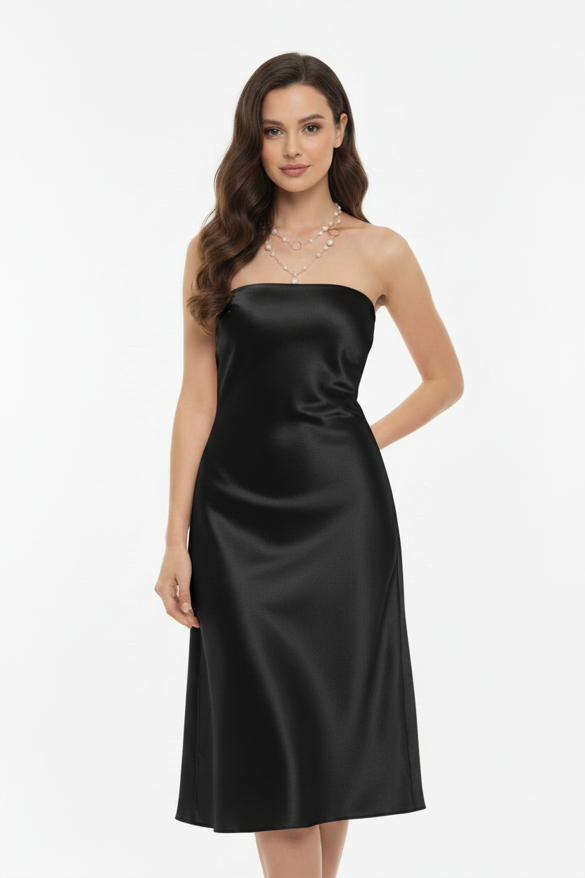 Black Satin Strapless Dress - Model Shot