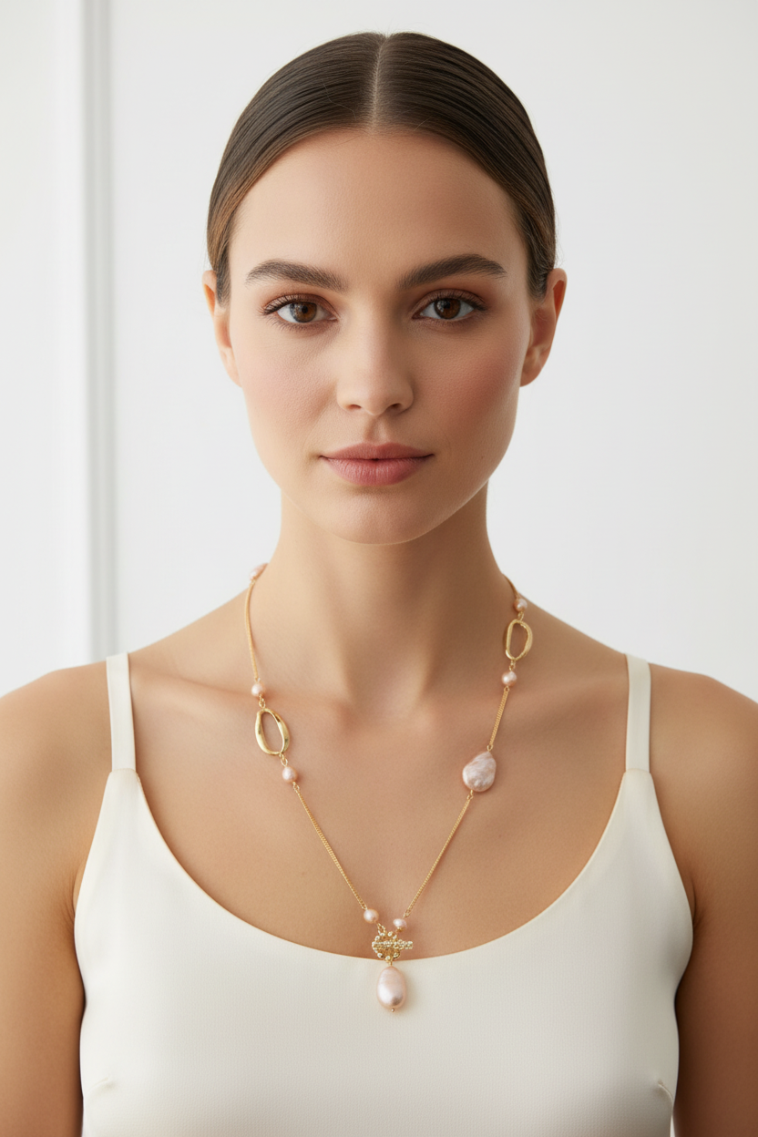 Blush Pearl Toggle Necklace on Model