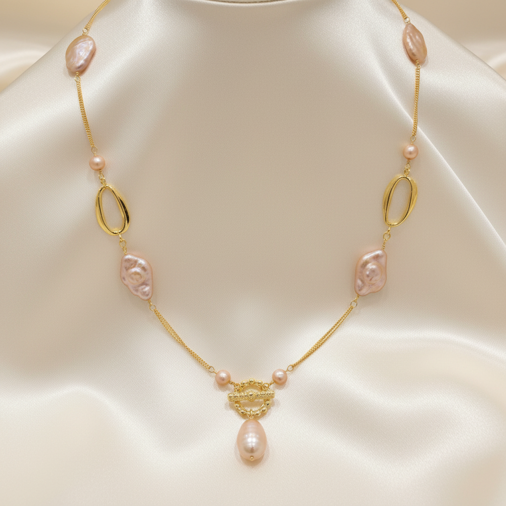 Blush Pearl Toggle Necklace on Silk
