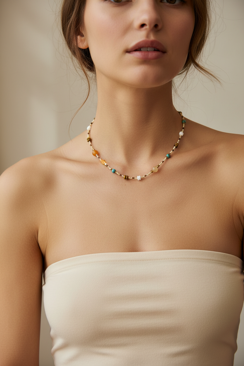 Boho Mixed Stone Necklace - Model