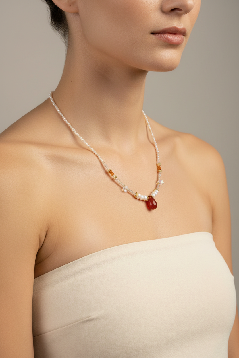 Carnelian & Pearl Beaded Necklace — Model