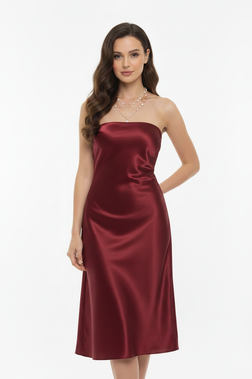 Claret Satin Strapless Dress - White Background