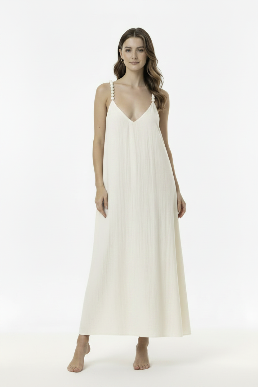 Cream Beaded Strap Dress - Mid-Calf