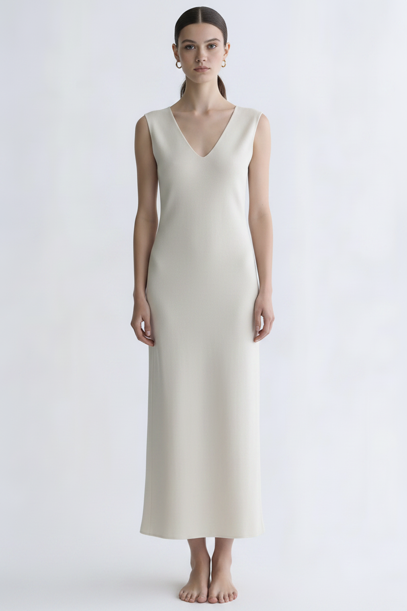 Cream mid-calf dress on model