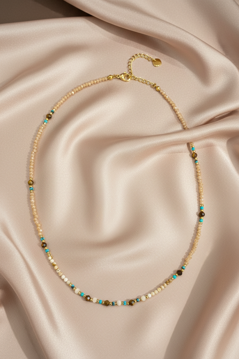 Cream & Turquoise Mixed Stone Necklace - Flat lay