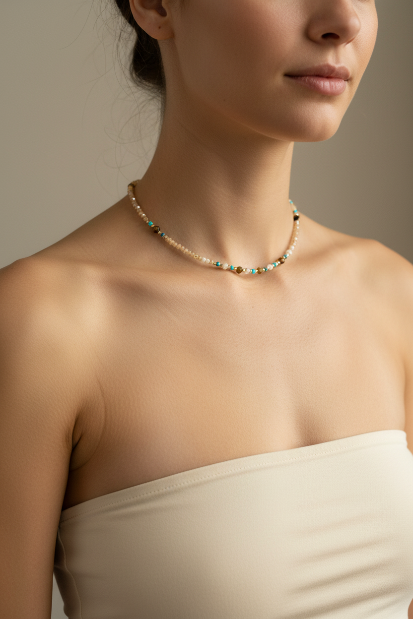 Cream & Turquoise Mixed Stone Necklace - Model