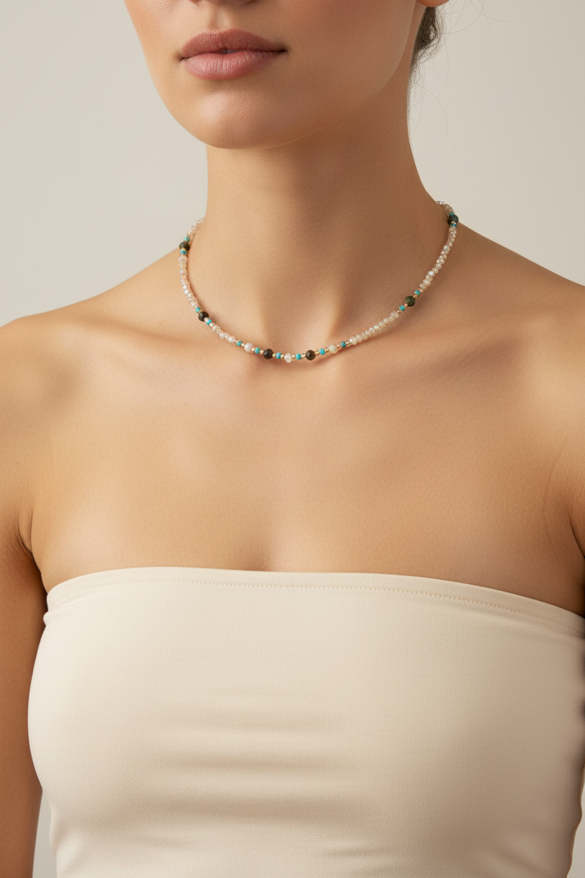 Crystal & Turquoise Stone Beaded Necklace — Model