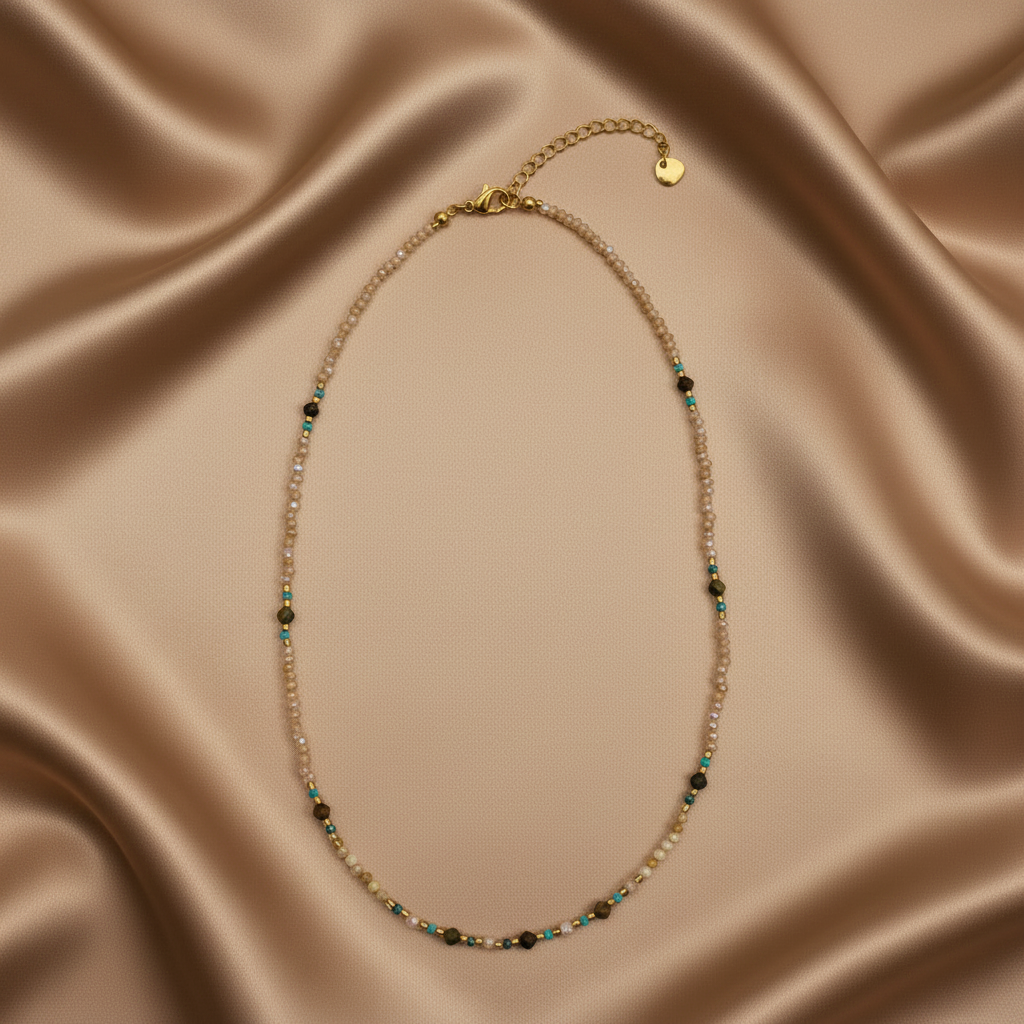 Crystal & Turquoise Stone Beaded Necklace — Warm Mocha Satin