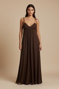 Dark chocolate maxi dress on model