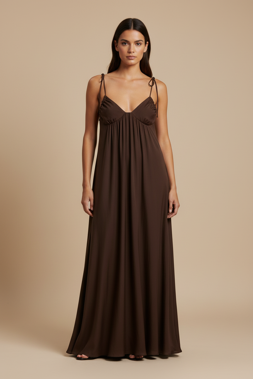 Dark chocolate maxi dress on model