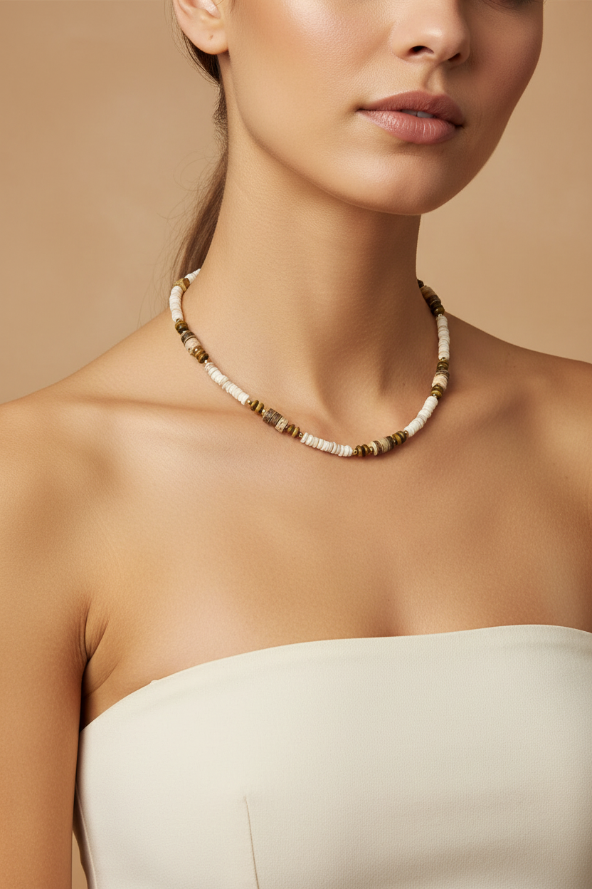 Earth Tone Heishi & Mixed Stone Beaded Necklace — Model