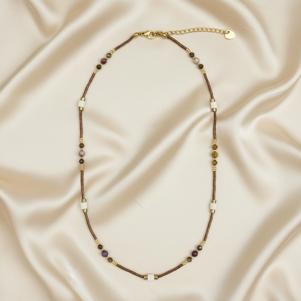 Earth Tone Stone & Shell Beaded Necklace — Flat Lay