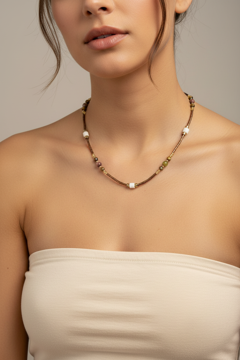 Earth Tone Stone & Shell Beaded Necklace — Model