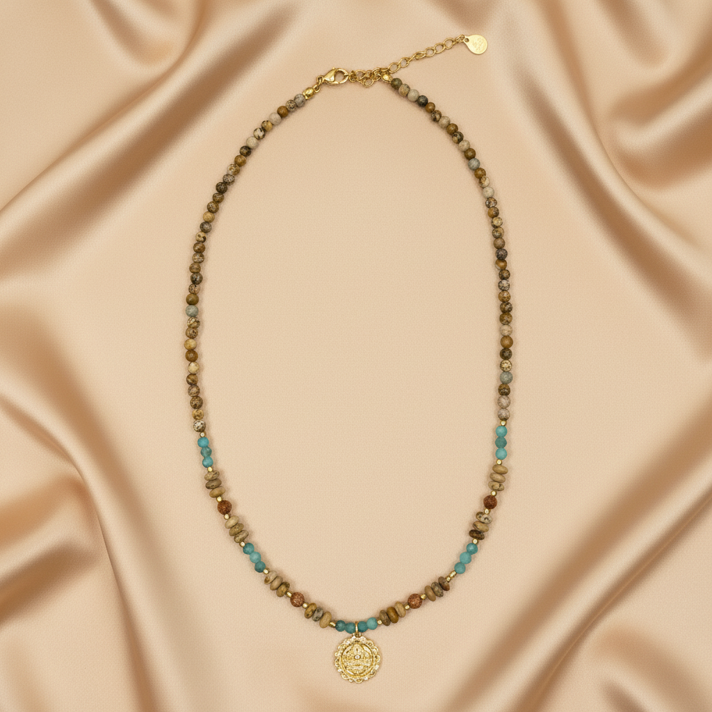 Earth Tone & Turquoise Medallion Necklace — Camel Satin Flat Lay