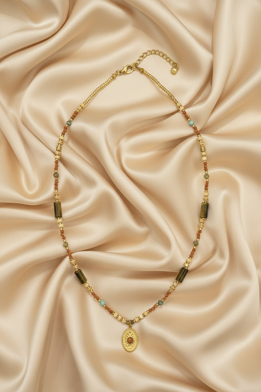 Earthy Mixed Seed Bead & Sunburst Pendant Necklace — Flat Lay