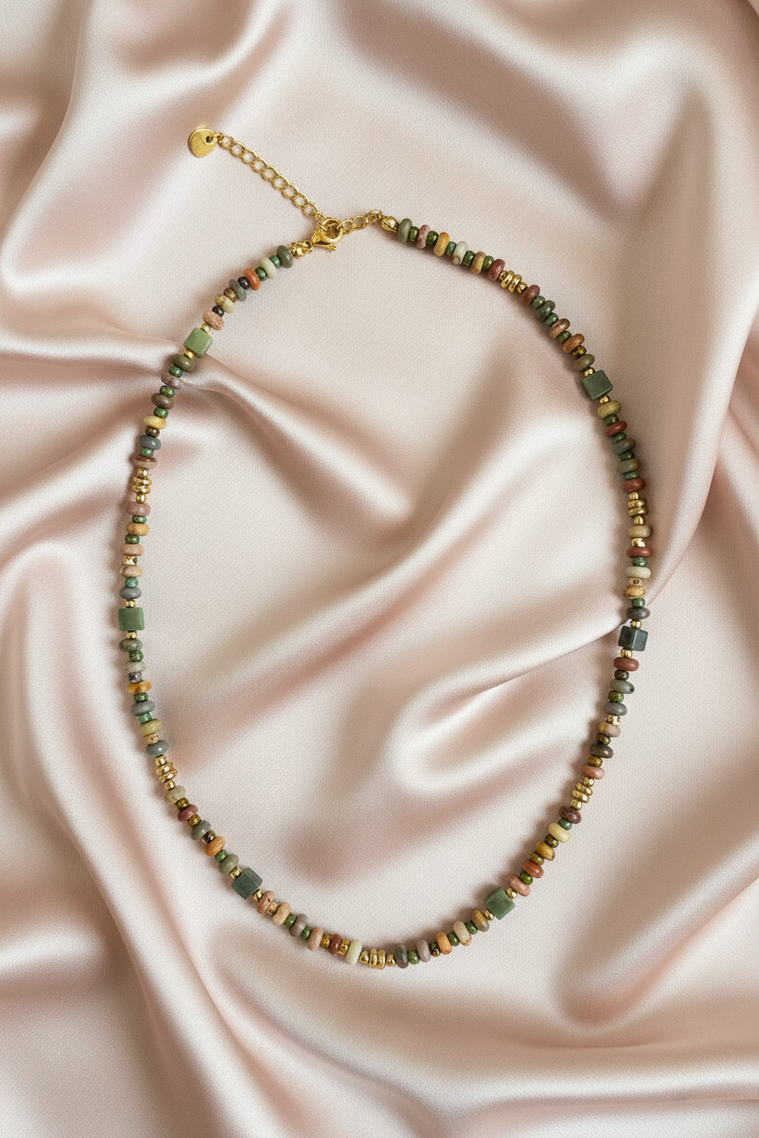 Earthy Mixed Stone Rondelle Necklace - Flat lay