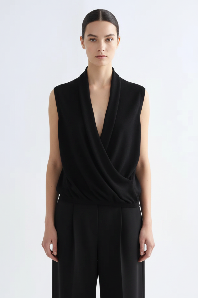 Front view – Black Draped Knit Vest
