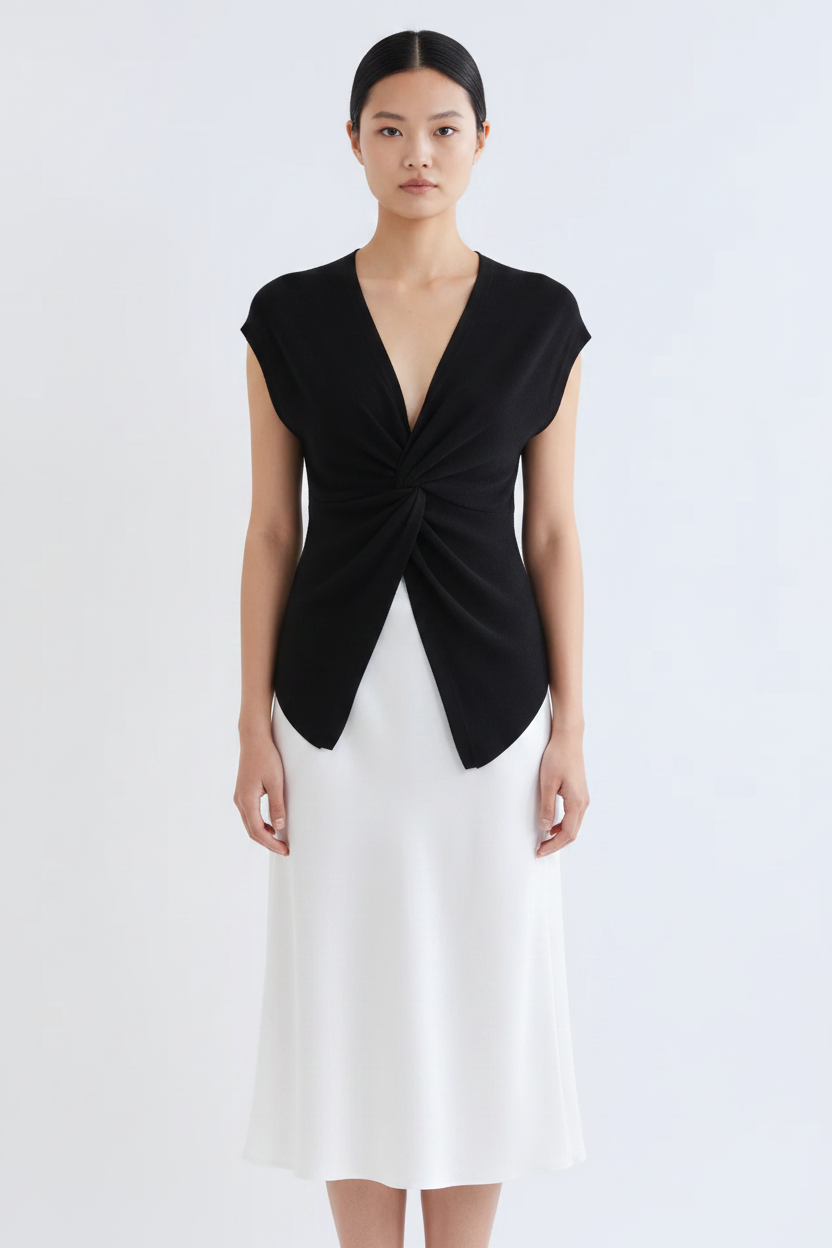 Front view – Black Twist Knot Top with White Satin Midi Skirt