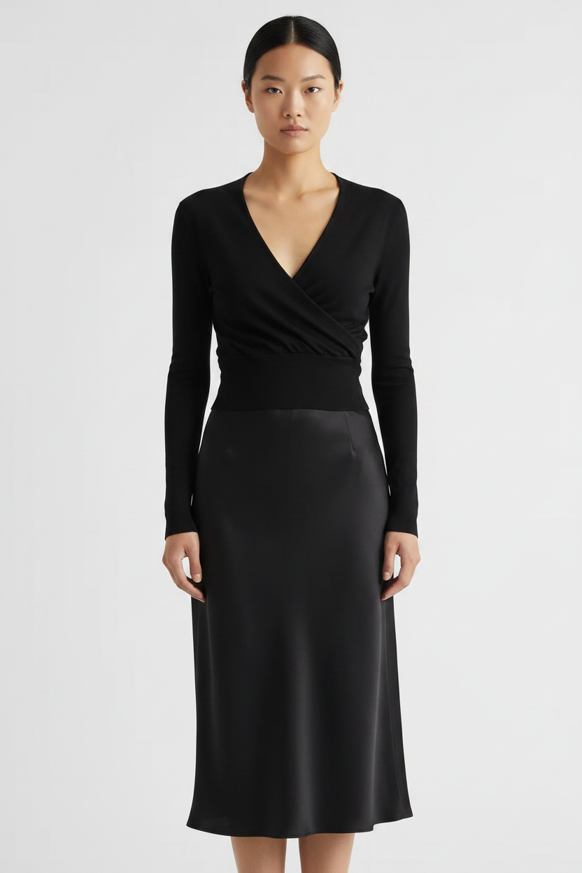 Front view – Black Wrap Knit Top with Black Satin Midi Skirt