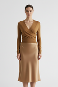 Front view – Camel Wrap Knit Top with European Model
