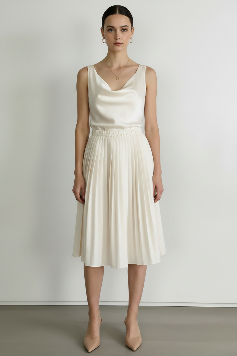 Front view – Cream Tonal Cowl Neck Camisole and Pleated Midi Skirt