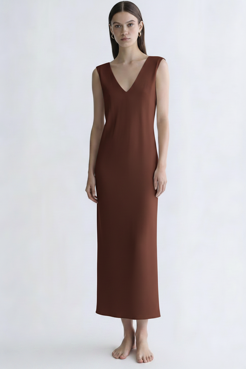 Front view – Deep Rust/Chocolate Brown Maxi Dress