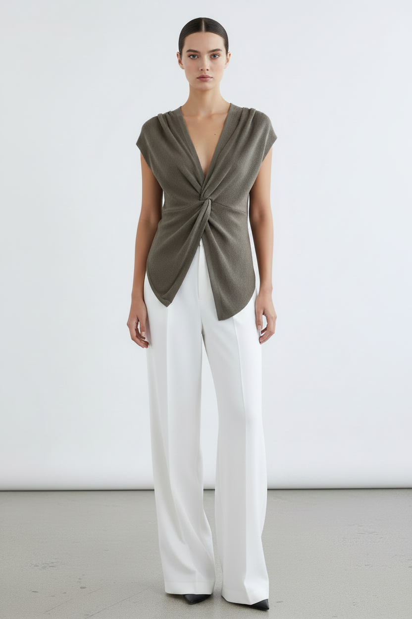 Front view – Khaki Twist Knot Top European Model