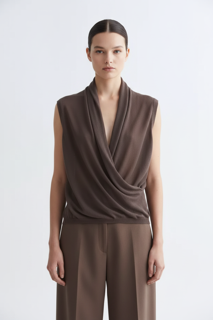 Front view – Mocha Draped Knit Vest