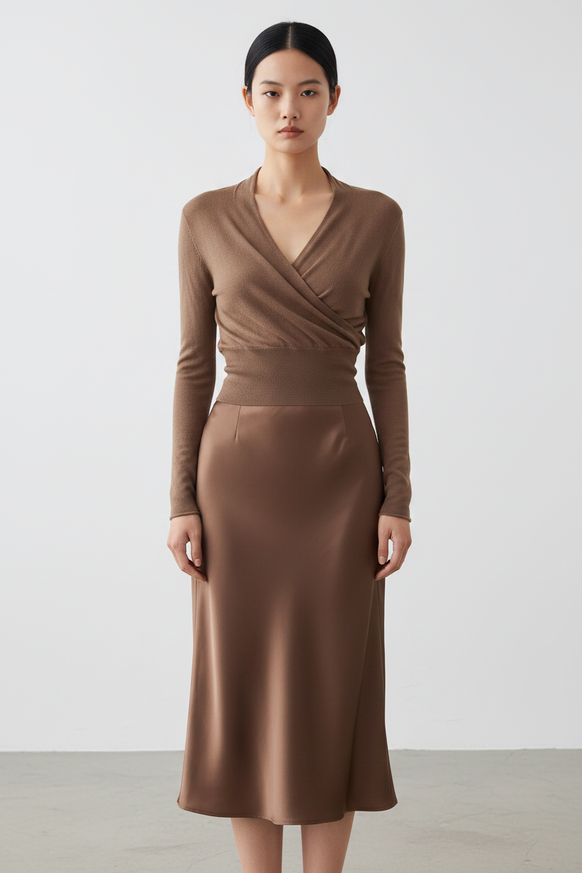 Front view – Mocha Wrap Knit Top with Mocha Satin Midi Skirt