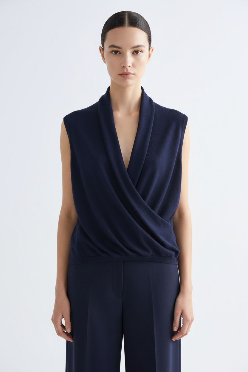 Front view – Navy Draped Knit Vest