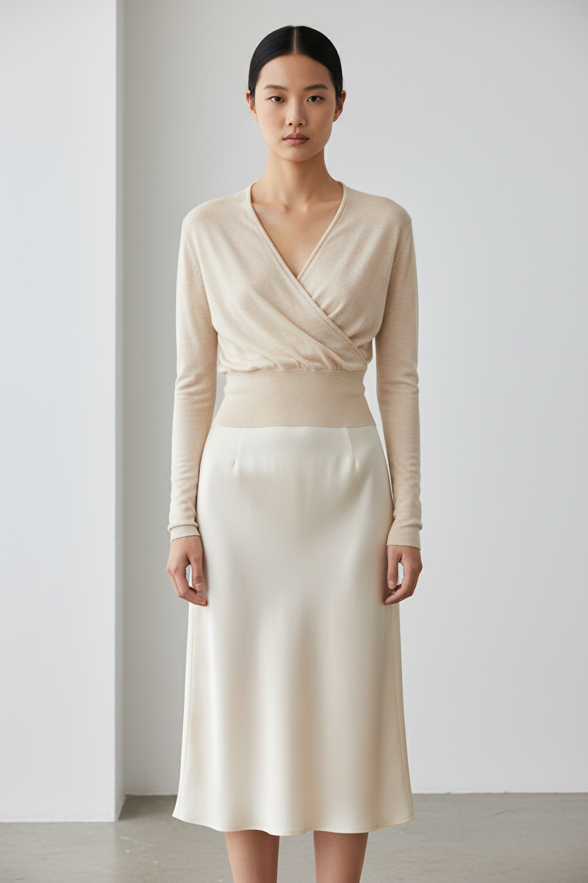 Front view – Oat/Cream Wrap Knit Top with Oat Satin Midi Skirt