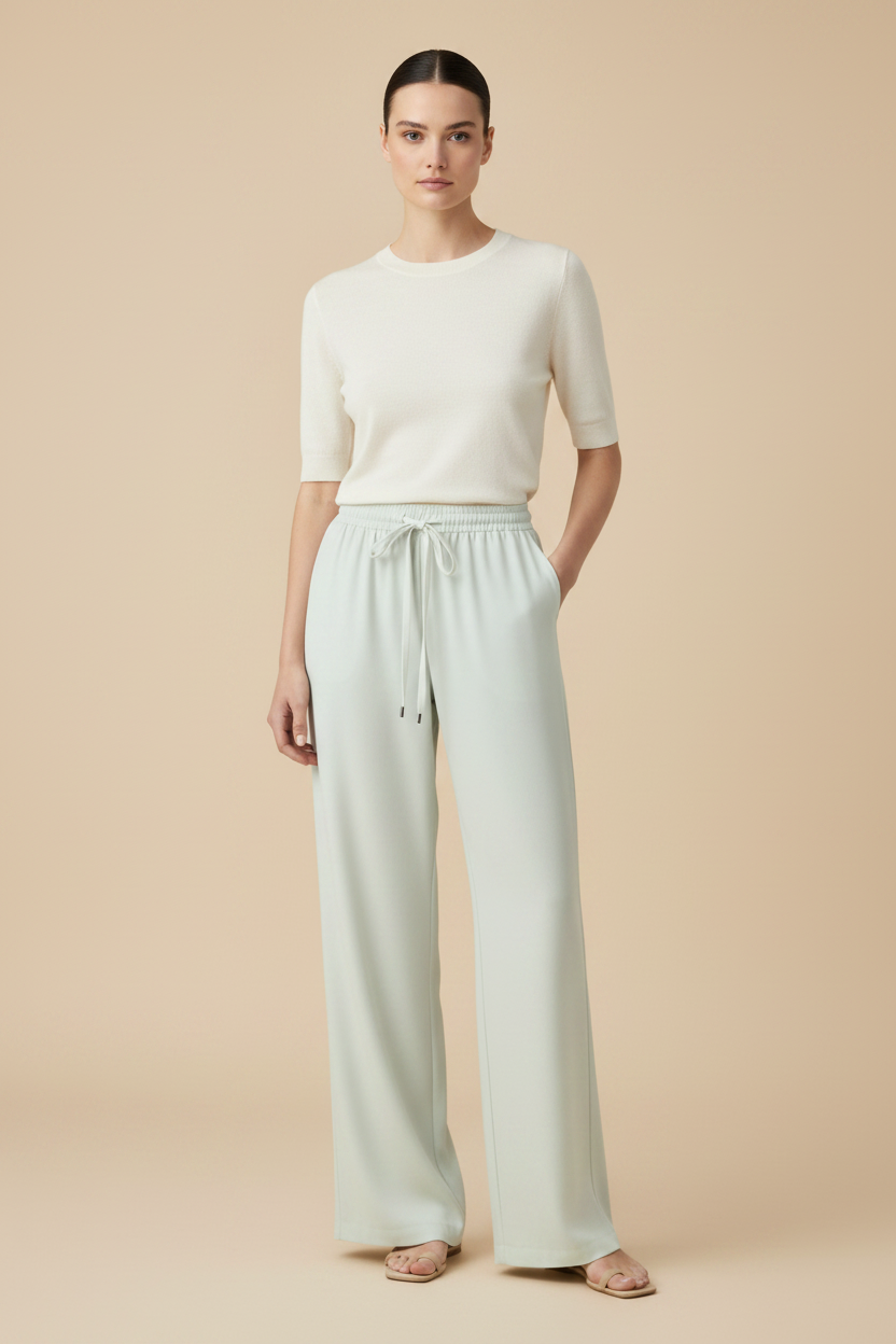Front view – Pale Mint Almost White Wide Leg Trousers