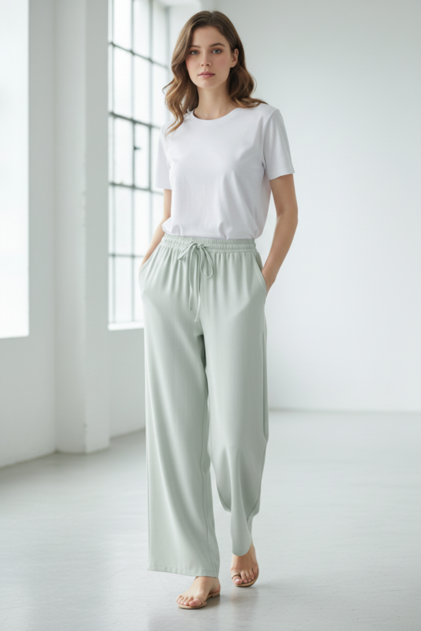 Front view – Pale Mint Ice White Crinkle Wide Leg Trousers