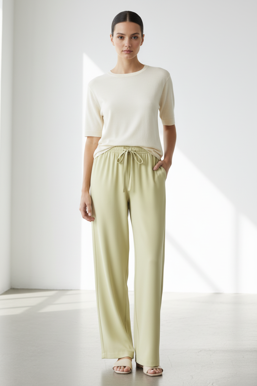 Front view – Sage Pale Yellow Green Wide Leg Trousers