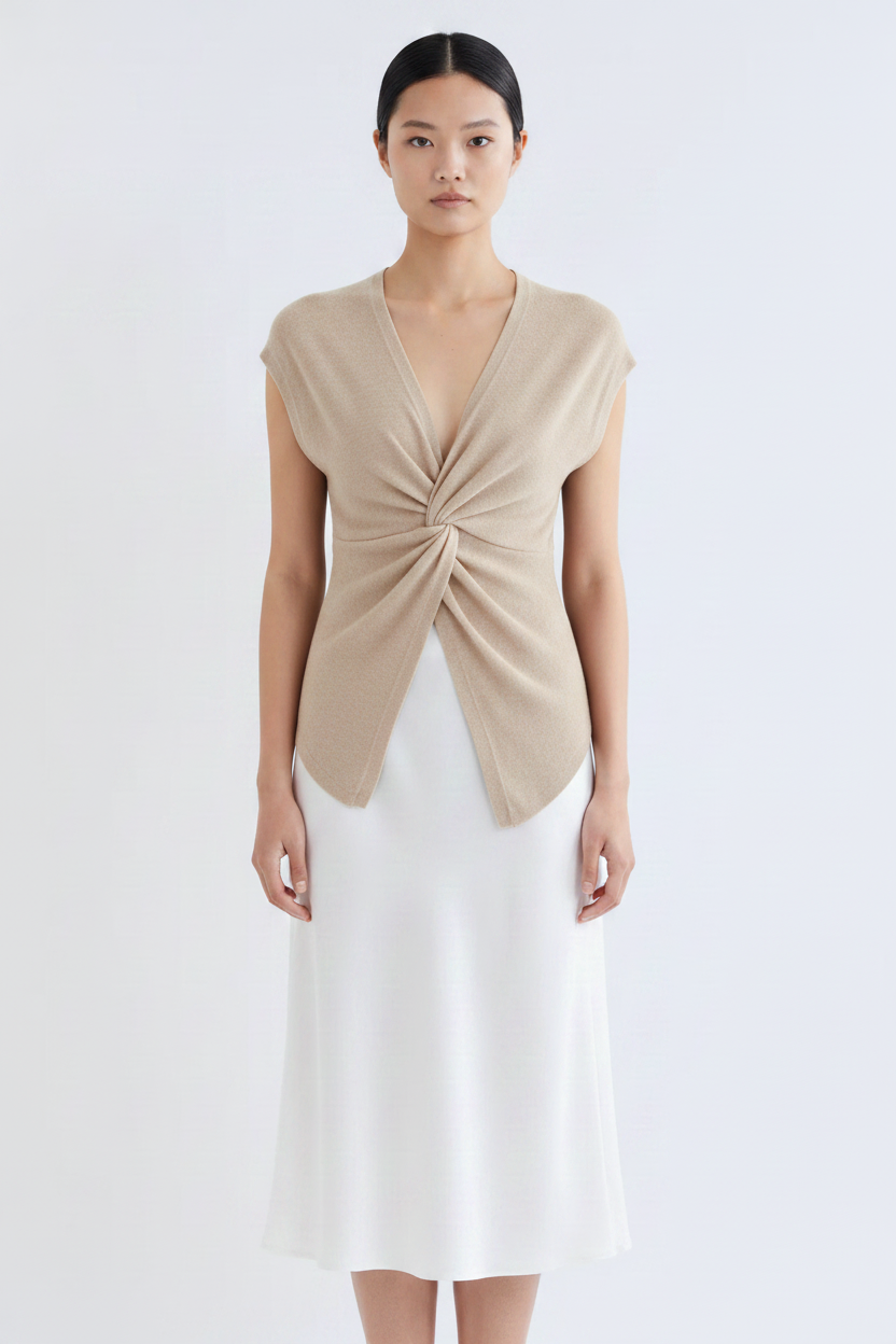 Front view – Sand/Beige Twist Knot Top with White Satin Midi Skirt