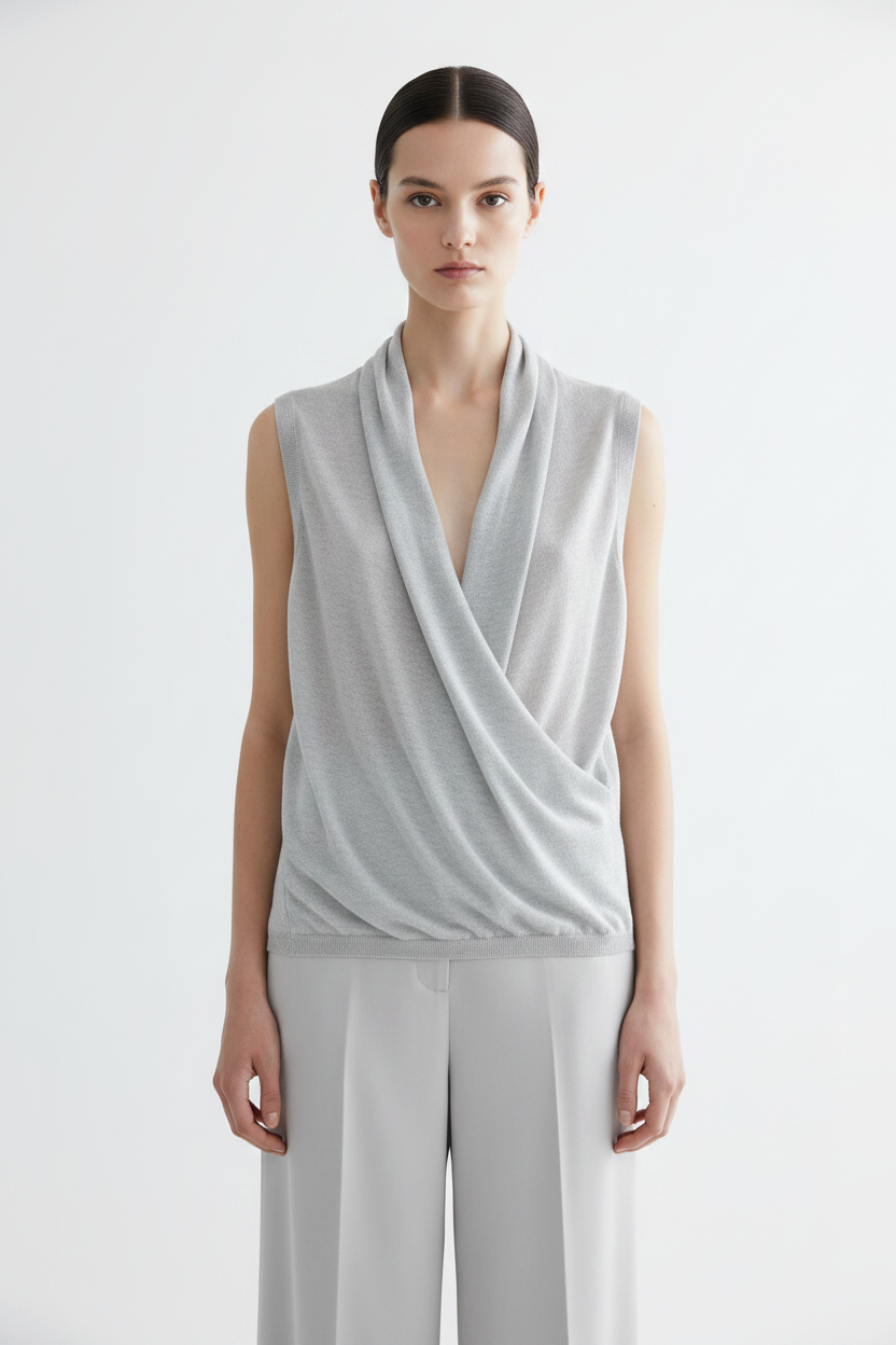Front view – Silver Grey Draped Knit Vest Mid Length