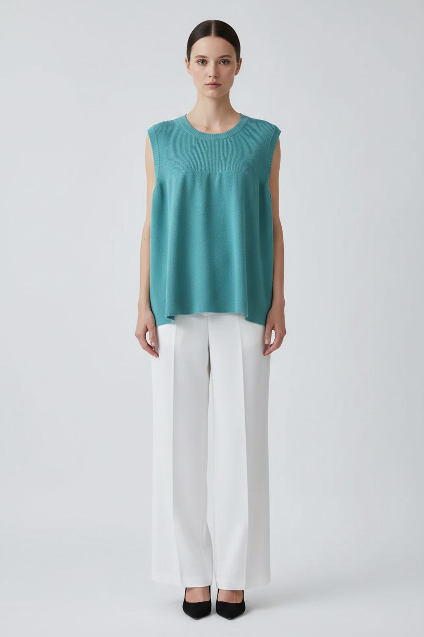 Front view – Teal Aqua Sleeveless Knit Top