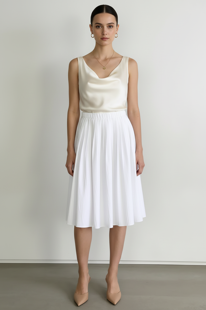 Front view – White Pleated Midi Skirt Classic Styling