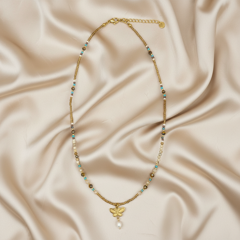 Gold Butterfly Beaded Necklace — Satin Flat Lay