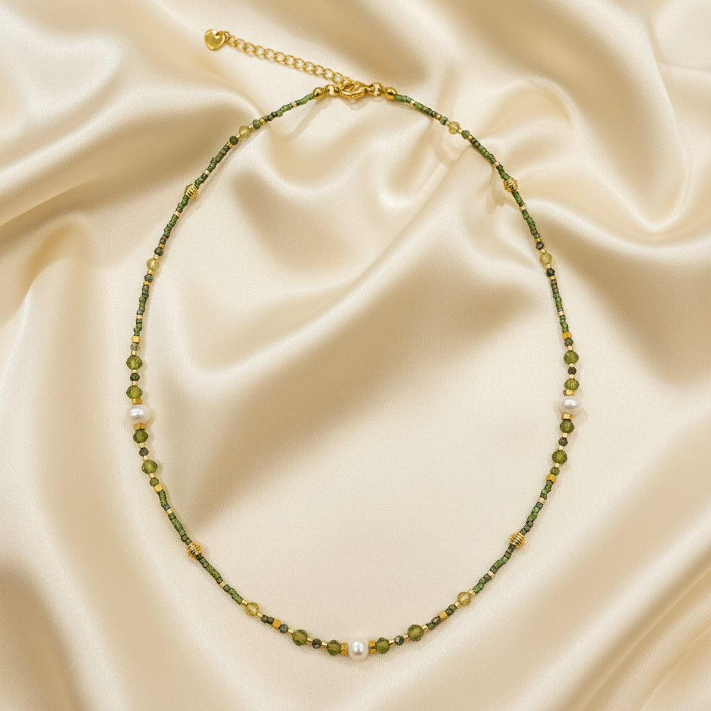 Green Seed Bead & Freshwater Pearl Necklace — Flat Lay