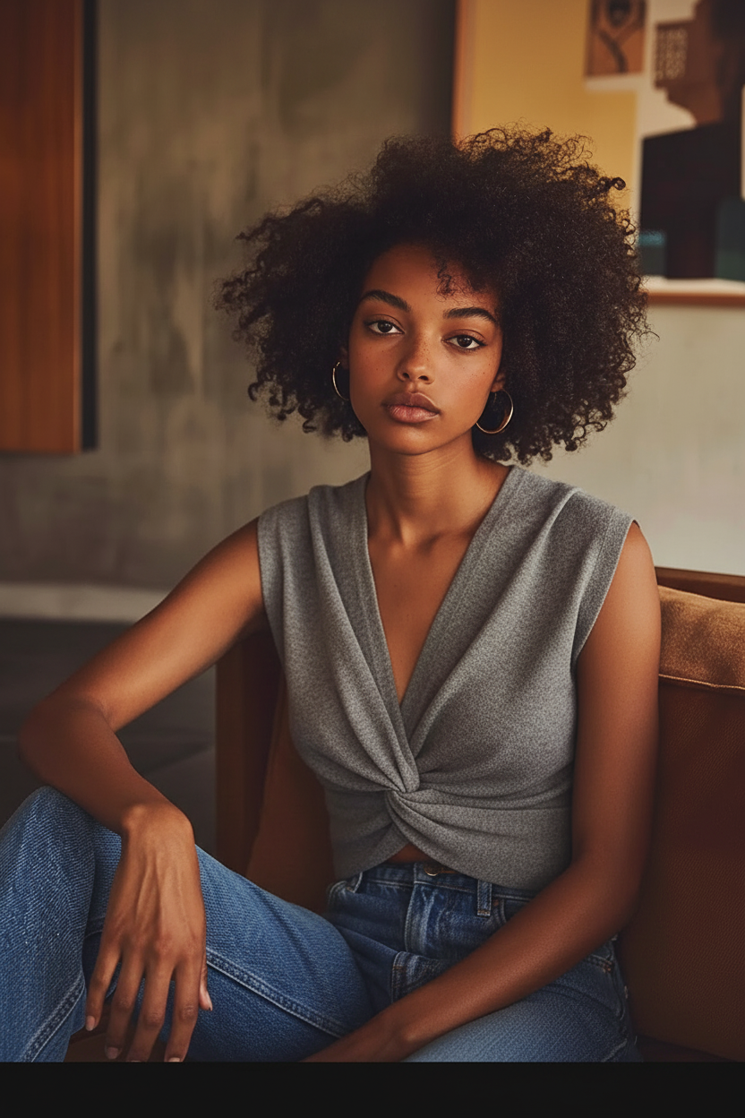 Grey Twist V Neck Top on model