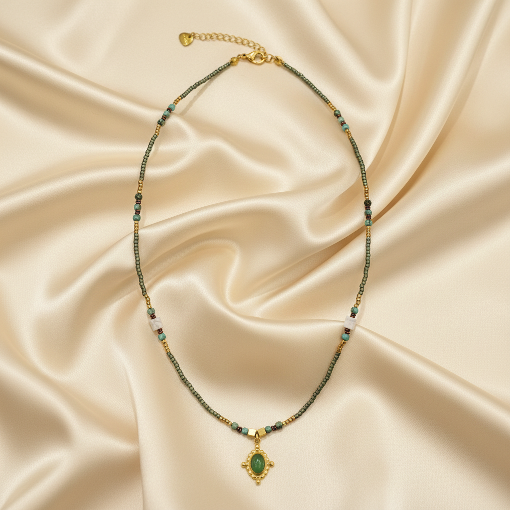 Gunmetal Green & Jade Vintage Pendant Necklace — Flat Lay
