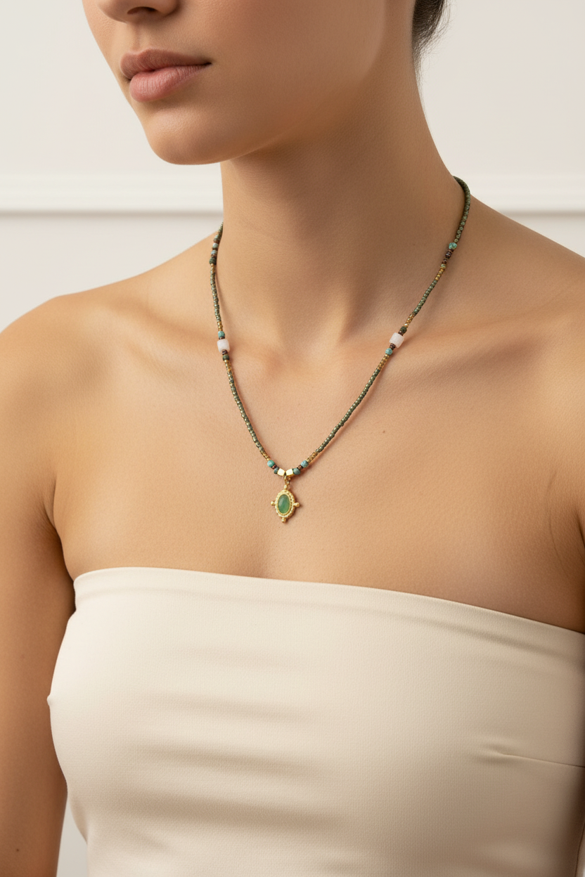 Gunmetal Green & Jade Vintage Pendant Necklace — Model