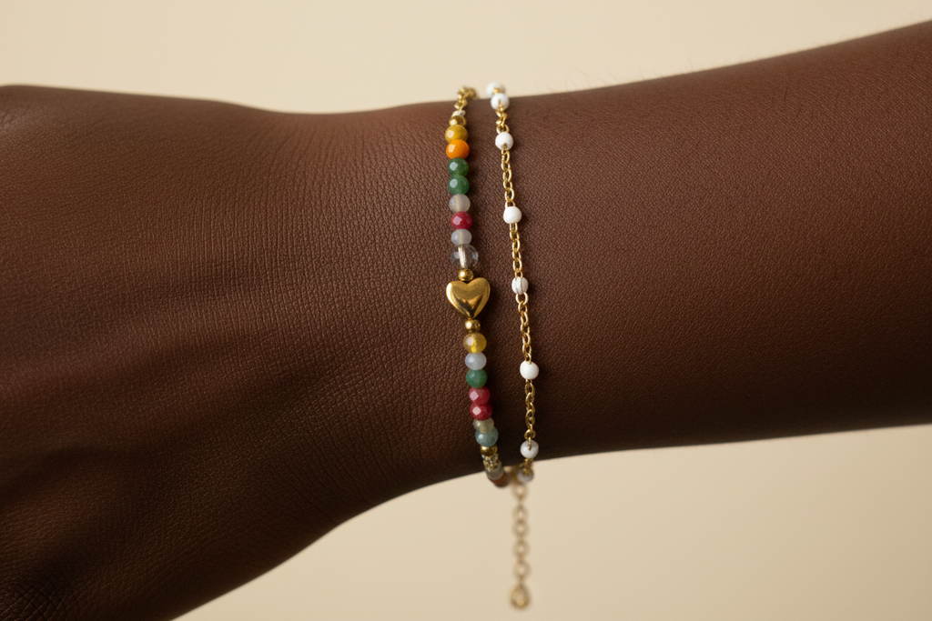 Model wearing Gold Heart Double-Layer Bracelet on wrist