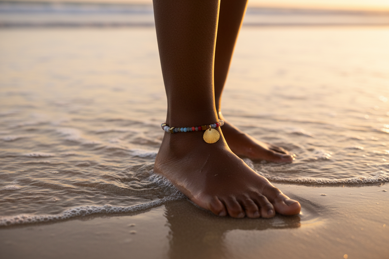 Model wearing Rainbow Crystal Shell Charm Anklet at the beach