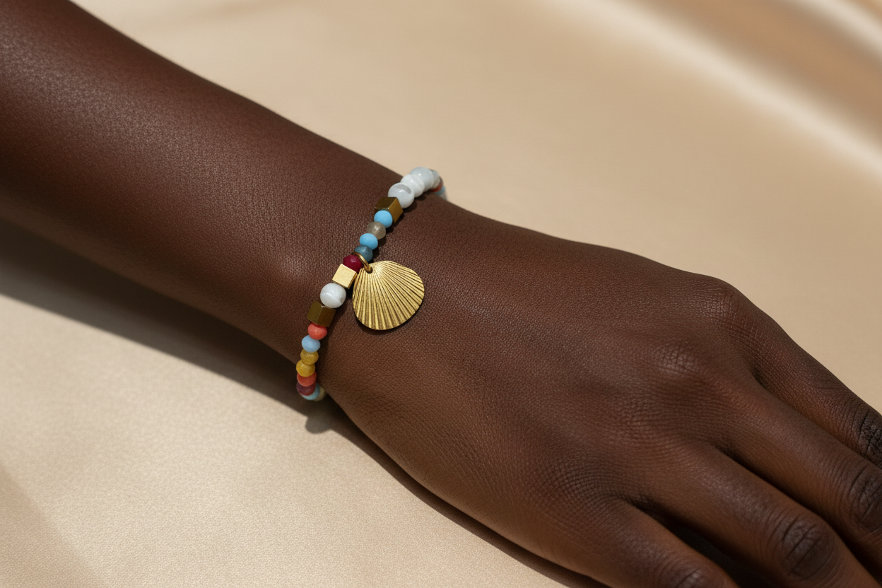 Model wearing Rainbow Crystal Shell Charm Bracelet on wrist