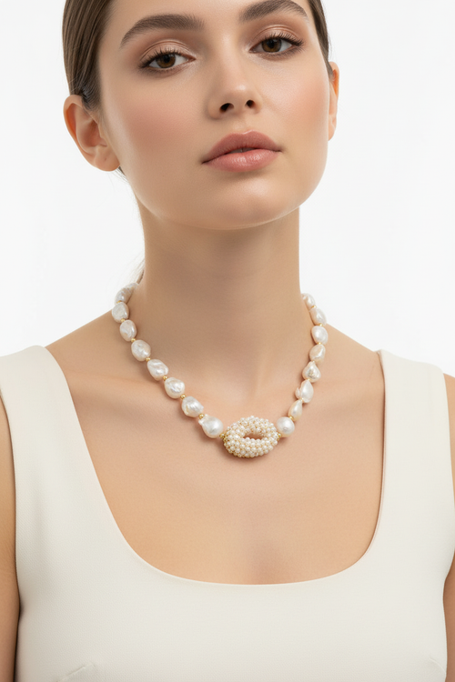Large Baroque Pearl Cluster Centrepiece Necklace on Model