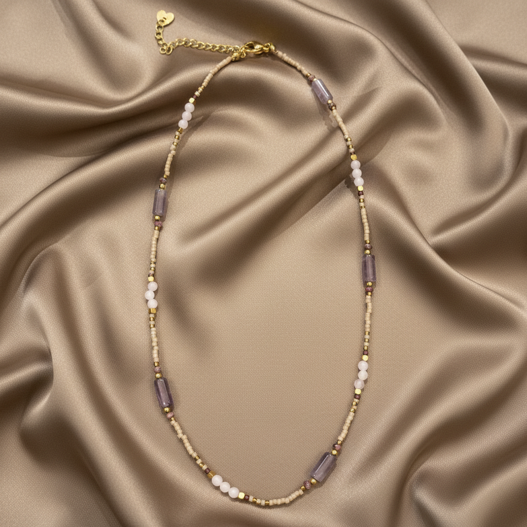 Lavender Amethyst & Cream Heishi Beaded Necklace — Flat Lay
