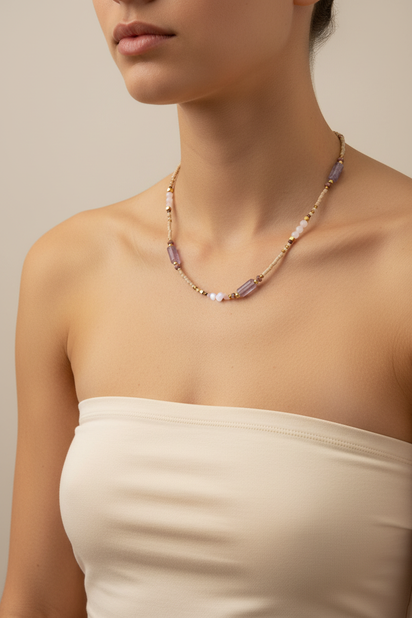 Lavender Amethyst & Cream Heishi Beaded Necklace — Model