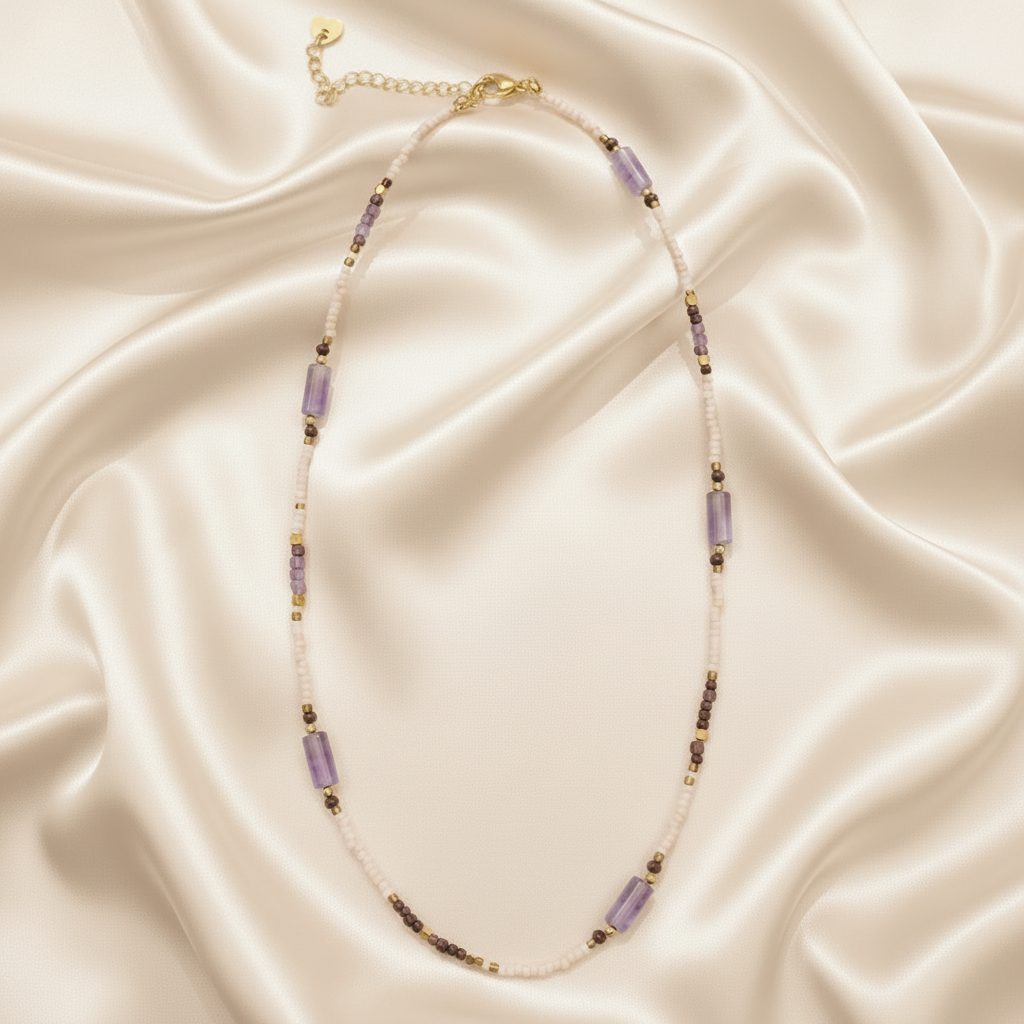 Lavender Amethyst & Cream Heishi Necklace — Ecru Ivory Satin